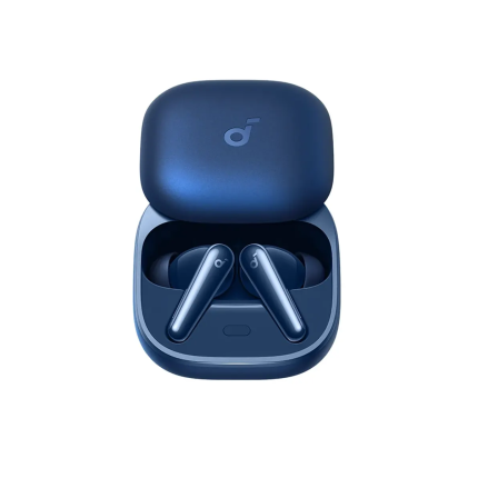 Blue wireless earbuds resting in an open blue charging case with a subtle logo on each earbud.