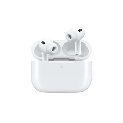 White wireless earbuds in an open charging case with a small green LED on the front, on a white background