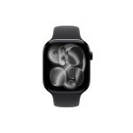 Close-up of a black smartwatch with a rounded display showing a bubble-style watch face on a white background.