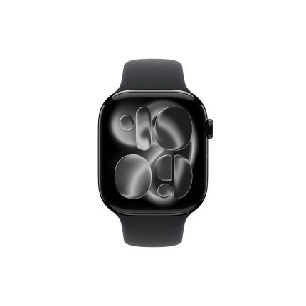 Close-up of a black smartwatch with a rounded display showing a bubble-style watch face on a white background.