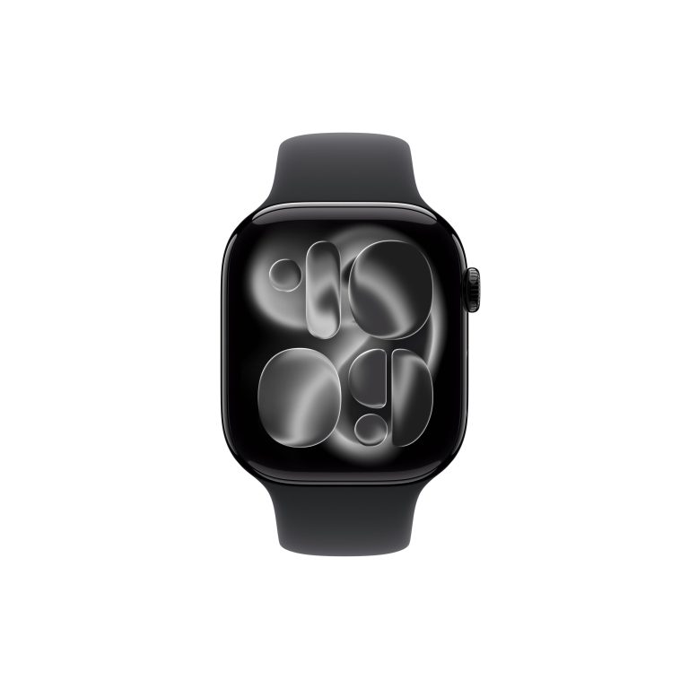 Close-up of a black smartwatch with a rounded display showing a bubble-style watch face on a white background.