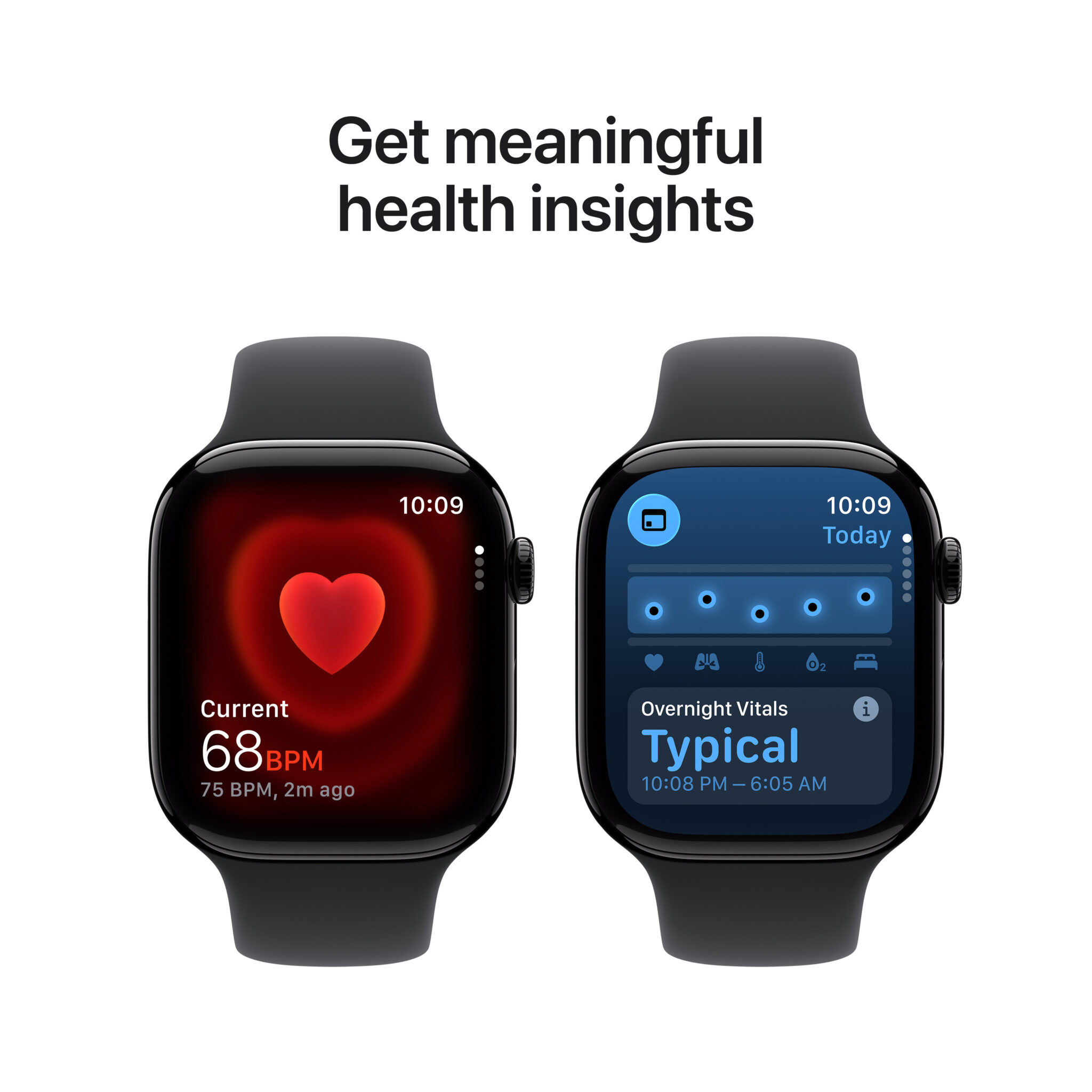 Two smartwatches displaying health data: left shows heart rate 68 BPM, right shows overnight/vitals with 'Typical' label.