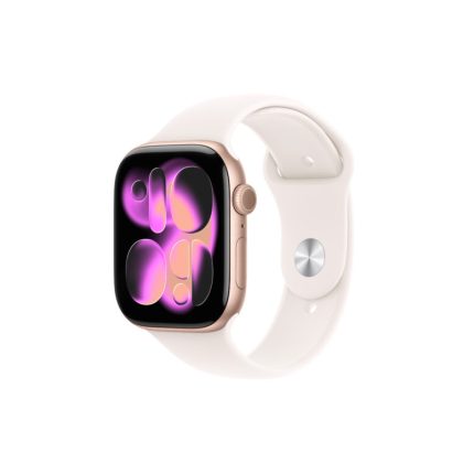 Apple Watch with a rose-gold case and white band, angled to show the screen with purple bubble wallpaper.