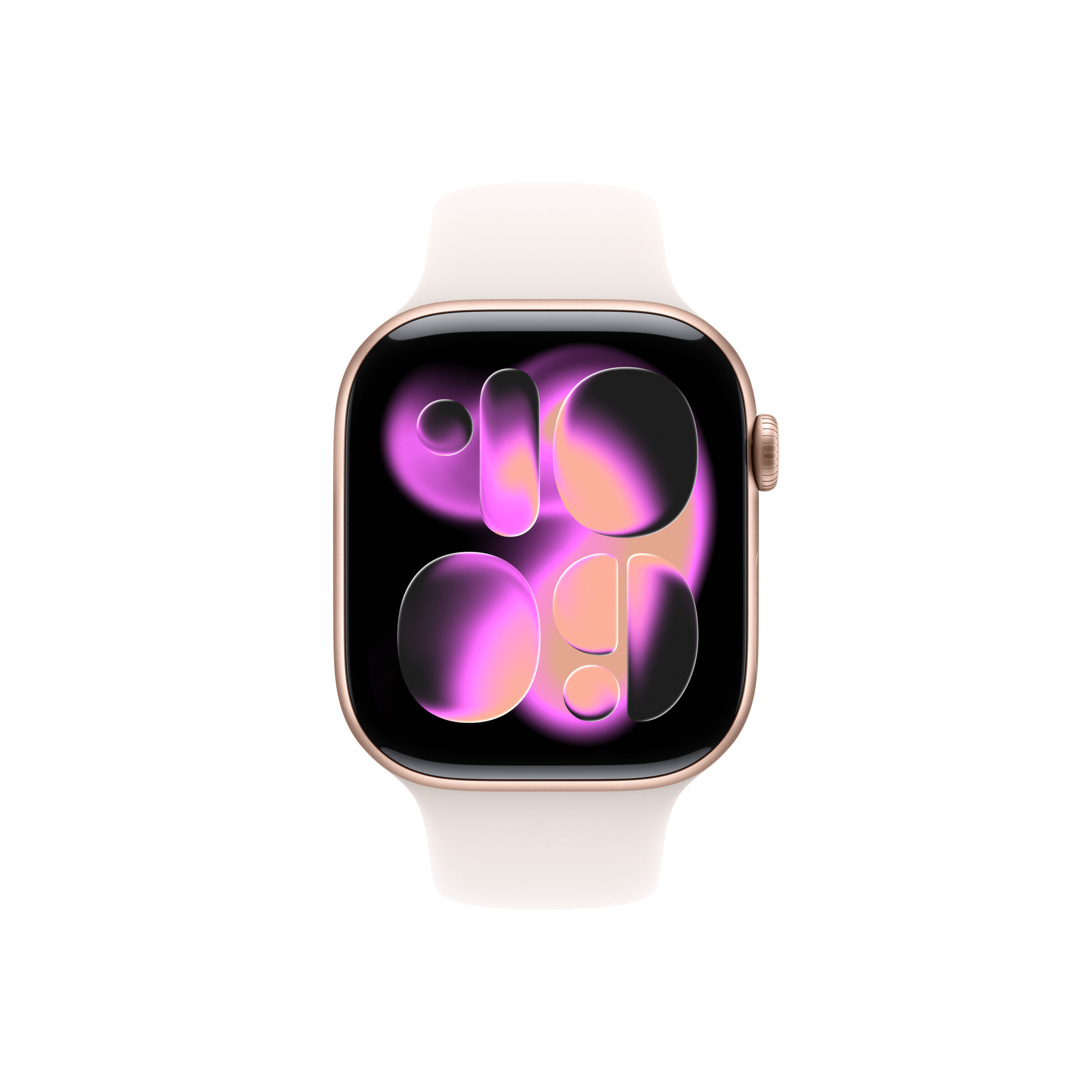Close-up of a rose-gold Apple Watch with a white band, shown from the top against a white background.