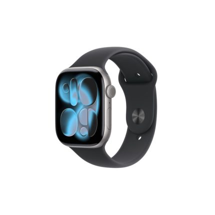 Apple Watch with a dark sport band and silver case, displaying blue abstract watch faces.