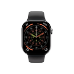 Apple Watch with black band displaying a colorful circular watch face with multiple rings and numeric markers; appears to show date and activity metrics for a wearable device