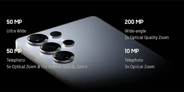 Back of a smartphone showing multiple rear cameras with labels: 200 MP wide-angle 2x zoom, 50 MP ultra-wide, 50 MP telephoto with 5x optical zoom, and 10 MP telephoto with 3x optical zoom and 10x optical zoom