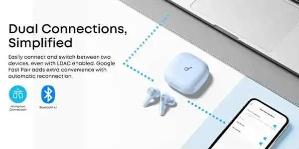Wireless earbuds with charging case beside a smartphone app screen; blue connectivity icons indicate Bluetooth and multipoint connection.