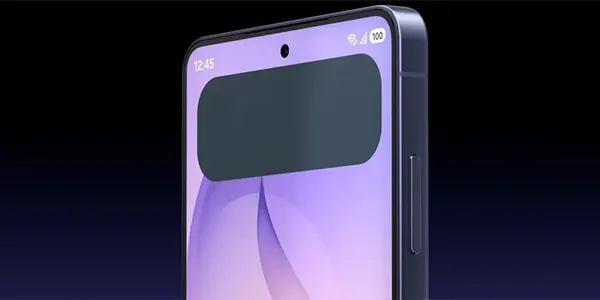 Close-up of a purple smartphone held upright, showing a large dark rounded-rectangle area on the screen above the display content.