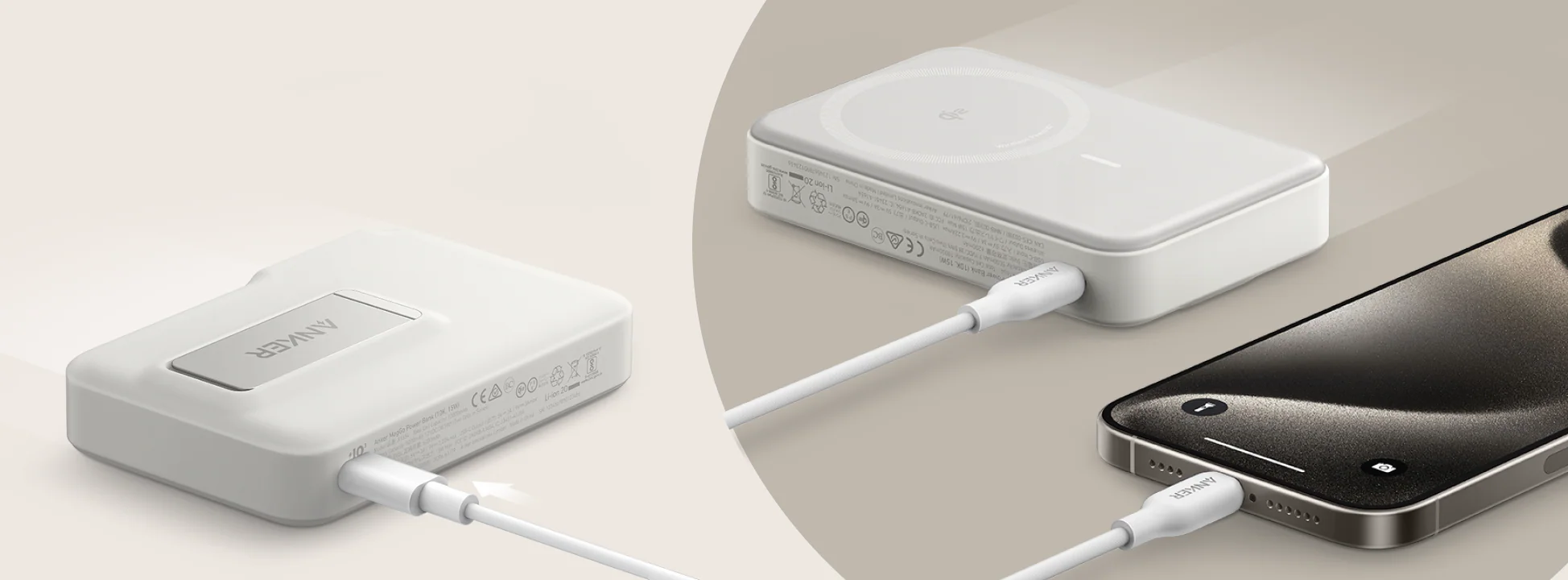 White portable power bank connected to a smartphone for charging with a white USB cable on a neutral background.