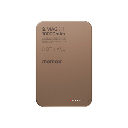 Q.MAG X1 10000mAh wireless charging power bank (Momax) shown from the back with indicator dots at the bottom edge.