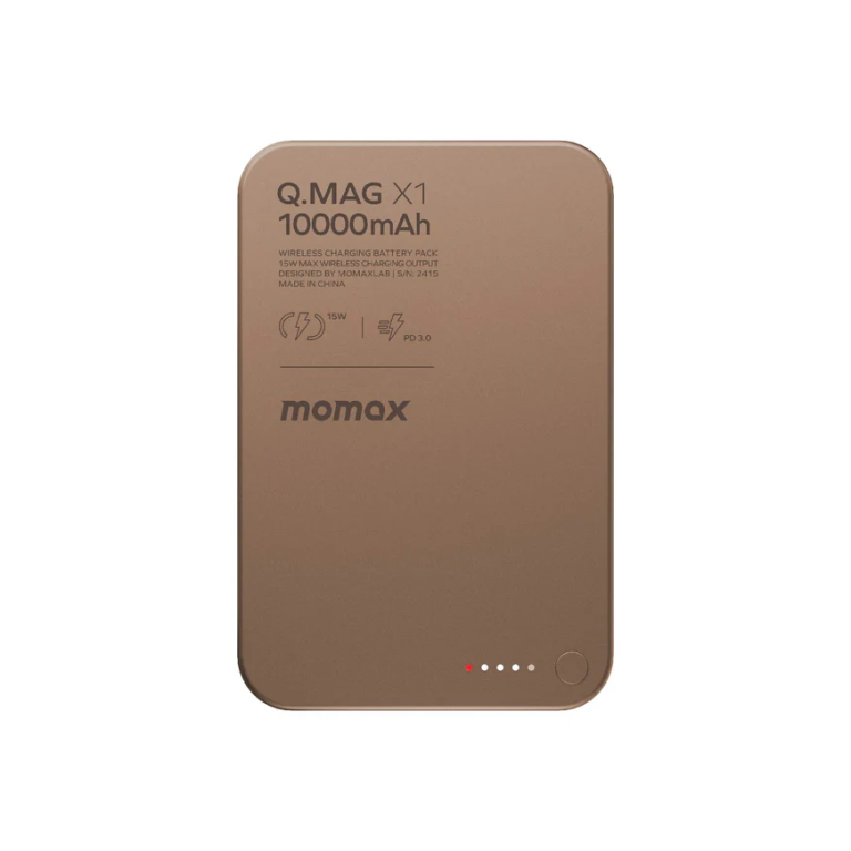 Q.MAG X1 10000mAh wireless charging power bank (Momax) shown from the back with indicator dots at the bottom edge.