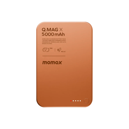 Orange Q.MAG X 5000mAh wireless charging battery pack by Momax, front view with status dots at the bottom left/right edge.