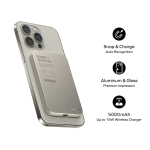 Phone with attached 5000mAh magnetic battery pack showcasing wireless charging and auto-recognition features.