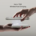 Two hands hold a phone above a circular wireless charging pad, illustrating up to 15W wireless fast charging. The text 'Up to 15W Wireless Fast Charging' is visible above.