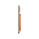 Side view of a gold smartphone with an orange back-mounted kickstand/attachment visible on the back