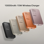 Five Q.MAG X1 wireless chargers in black, gray, beige, orange, and lavender arranged diagonally, labeled 10000mAh 15W.