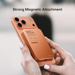 Copper-colored iPhone with a magnetic battery pack attached to its back, labeled Q.MAG X7 10000mAh (Momax).