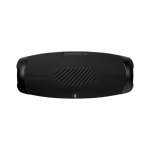 Black portable Bluetooth speaker with a textured fabric grille and subtle status light at the bottom edge.