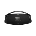 Black JBL portable Bluetooth speaker with a top carry handle and front grille, LED indicator visible.