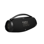 Black JBL portable Bluetooth speaker with a curved carrying handle and textured grille, partially visible against white background