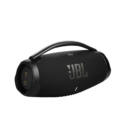 Black JBL portable Bluetooth speaker with a curved carrying handle and textured grille, partially visible against white background