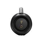 Black circular wireless headphone ear cup viewed from the front, with a gold ring button and a wireless icon in the center.