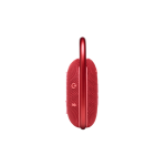 Red portable Bluetooth speaker with fabric grille and a circular carrying loop, shown from the side.
