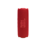 Red JBL portable Bluetooth speaker standing upright with a textured fabric grille.
