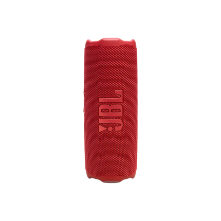 Red JBL portable Bluetooth speaker standing upright with a textured fabric grille.