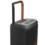 Portable black Bluetooth speaker with an orange handle pulled upright, showing control panel on top.