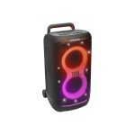JBL portable Bluetooth speaker with dual circular RGB LED rings and a carrying handle on top (party lighting).