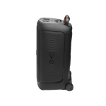 Tall black portable speaker on wheels with a top carry handle, shown from the side.