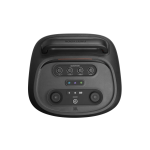 Top-down view of a JBL PartyBox portable speaker, showing the control panel with volume/bass/treble knobs, mic switch, and play/power buttons nearby.
