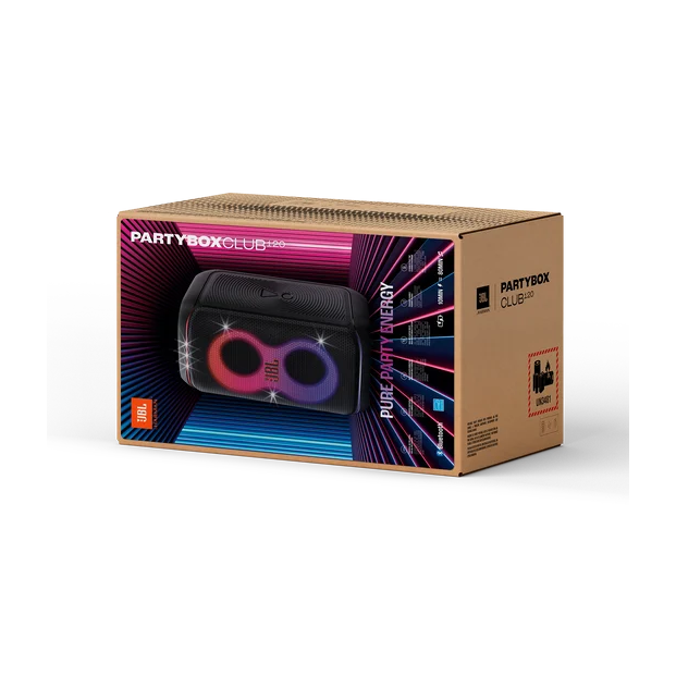 Boxed PartyBox speaker product packaging with a black speaker and pink/blue LED ring lights on the front, set against a vibrant graphic background on a brown box.