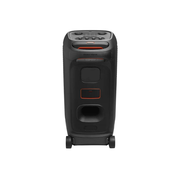 Tall black portable party speaker on wheels, front view with top control panel and orange accents.