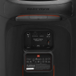 Rear view of a black PartyBox Stage 320 speaker, displaying the back panel with ports and orange trim.