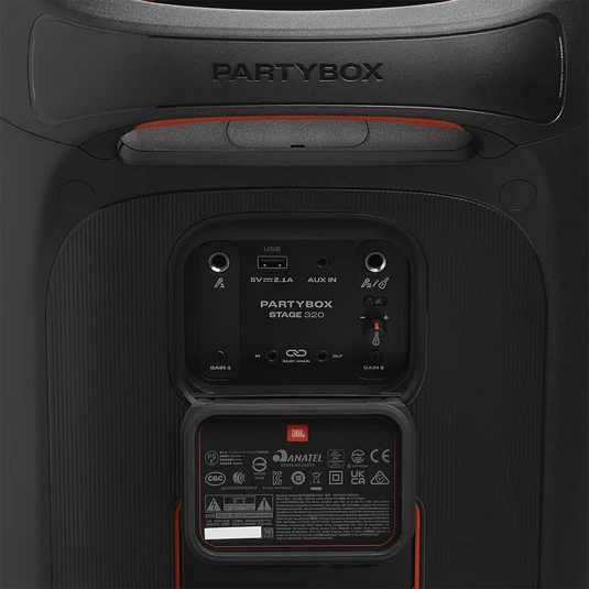 Rear view of a black PartyBox Stage 320 speaker, displaying the back panel with ports and orange trim.