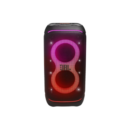 JBL portable wireless speaker with two stacked circular LED rings glowing purple and red, lit for a party vibe