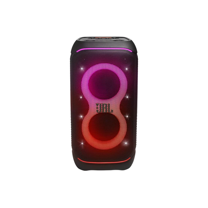 JBL portable wireless speaker with two stacked circular LED rings glowing purple and red, lit for a party vibe