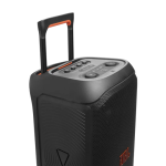 Portable black Bluetooth speaker with a retractable handle and top control panel.