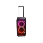 JBL portable Bluetooth speaker with a retractable handle, LED ring lights, and two circular speaker grills on the front.