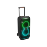 Black portable Bluetooth speaker with an extendable handle and wheels, glowing green LED rings around two circular speakers (JBL).