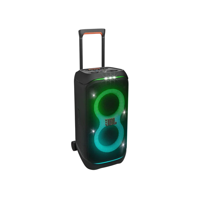 Black portable Bluetooth speaker with an extendable handle and wheels, glowing green LED rings around two circular speakers (JBL).
