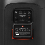 Rear input panel of a PARTYBOX CLUB 120 speaker, showing USB/AUX ports and two knobs on each side, with JBL and safety labels nearby.