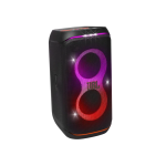 Black portable speaker with two LED-lit circular drivers on the front, showing purple and red rings for a party-ready look (angled view).