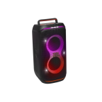 Portable JBL party speaker with two circular LED rings (purple and red) and a top carrying handle, black enclosure.