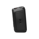 Black portable Bluetooth speaker standing upright with a circular concentric-grille front and a triangular power button on the center.