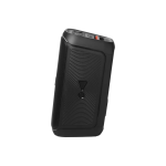 Black rugged portable Bluetooth speaker angled on its side, with a textured front panel and a red top control switch.