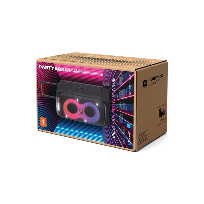 Boxed JBL PartyBox Stage speaker product image on the front of the packaging.